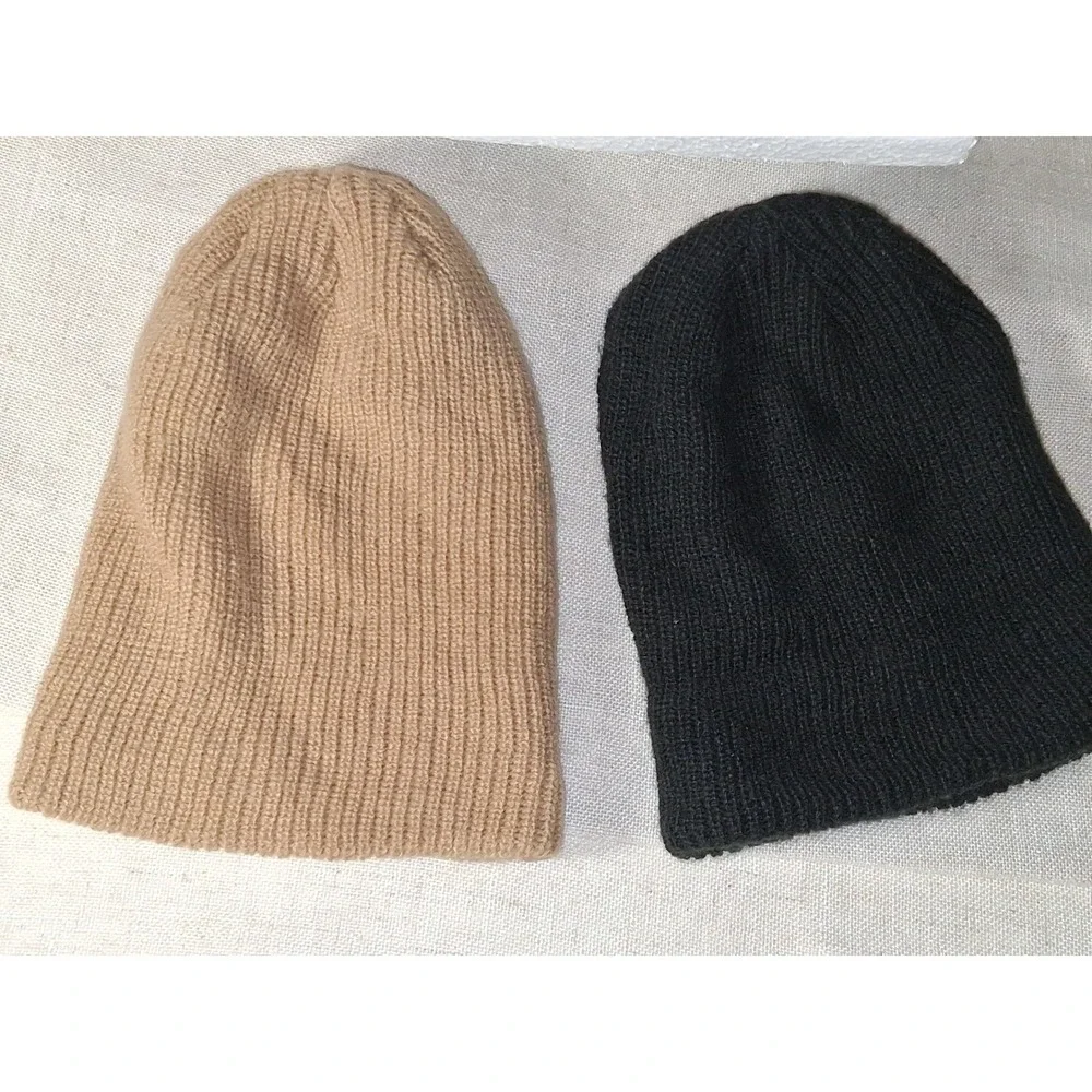 Bebila Kids Beanie Hat Set 2 Pack Black Tan Ribbed Knit Acrylic Winter Caps